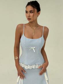 Aloruh Damen 2 Stücke Set mit Schleife, gestreiftem Camisole-Top und Minirock