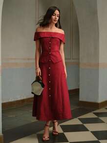 ZEYLAH 女士休闲通勤纯色前扣亚麻 A 字裙 - 酒紅色 - 查看 8