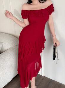 Feyla Swobodna, długa sukienka z falbaną na dole dla kobiet - Czerwony - Zobacz 2