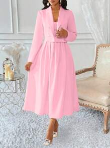 Lyxana 2pcs Women's Double-Breasted Jacket & Pleated Dress Suit Set