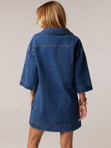 Forever 21 Spring New Deep V-Neck Short Sleeve H-Type BOHO Vacation Denim Dress For Women - Blue - View 2