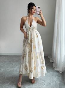 Chiquease Vestido largo de tirantes finos con escote espalda descubierta, elegante, con estampado dorado y cuello halter para vacaciones