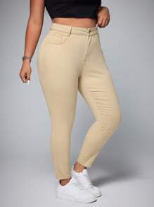 SHEIN EZwear 大码前扣口袋简约修身牛仔裤，休闲日常穿着 - 卡其色 - 查看 3