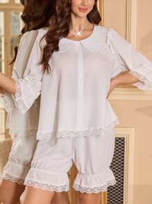 优雅法式彼得潘领可爱女士睡衣套装 - 白色 - 查看 5