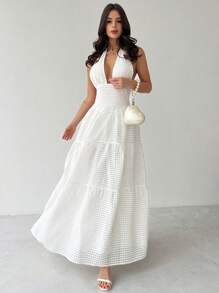 Firerie Romantic Date Ruffles Hemline Halter Backless White Plaid Spring/Summer Fairycore Dress, For Wedding & Valentine's Season - White - View 6