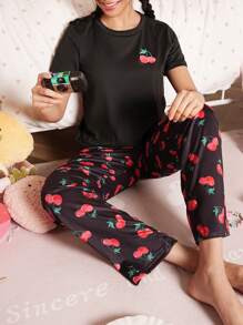 Cherry Print Round Neck Short Sleeve Long Pants Women Pajama Set