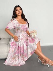 Flirla Plus Size Elegant Floral Print Lantern Sleeve Dress - Multicolor - View 1