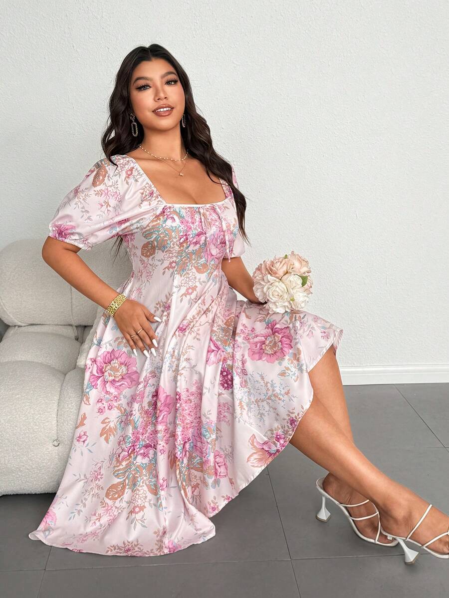 Flirla Plus Size Elegant Floral Print Lantern Sleeve Dress - Multicolor - View 1