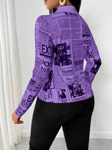 SHEIN LUNE Áo sơ mi bó sát in hình báo thời trang nữ - Màu tím - Xem 3