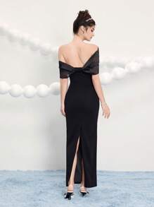 Poshira Women Black Knit Mixed Material Butterfly Gold Buttons Patchwork Metal Buckle Cocktail Dress, Wedding Guest Dress Music Festival Spring/Summer, Party Dress, Prom Dress - Black - View 2