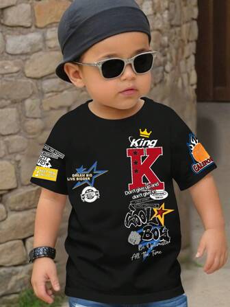 SHEIN Leap Crew Baby Boy Casual Minimalist Slim Fit Round Neck Short Sleeve Loose T-Shirt, Suitable For Summer