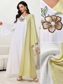 Al Najma Abito da donna stile retrò con maniche lunghe, con applicazioni e patch a contrasto di colore