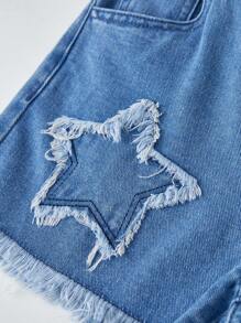 Tween Girl Star Pattern Minimalist Fashion Denim Shorts - Medium Wash - View 8