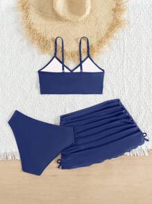 SHEIN Teen Girl Holiday Beach Solid Color Bikini Set With Cover-Up Skirt - Navy Blue - View 6