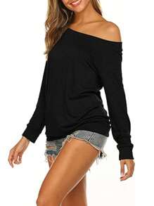 女士休闲百搭纯色长袖 T 恤 - 黑色 - 查看 3