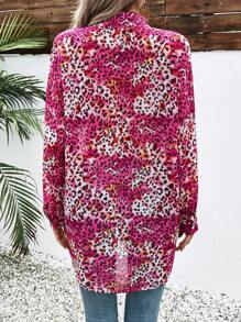 SHEIN LUNE Blusa suelta y casual con bolsillo y estampado de leopardo, uso diario minimalista para mujer - Rosa Fucsia - Ver 2