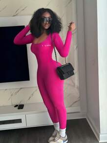 INAWLY 大码长袖字母印花休闲连体裤 - 玫紅色 - 查看 2