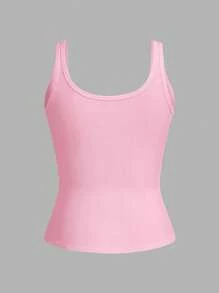 SHEIN PETITE Casual All-Match White Cami Top With Deep U-Neck And Racerback Pink - Pink - View 9