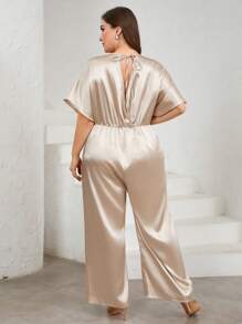 SHEIN Privé Jumpsuit Wanita Ukuran Besar dengan Detail Berkilau dan Kaki Lebar, Warna Aprikot - Aprikot - View 2