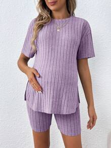 SHEIN Plus Size Women's Casual Loose Round Neck T-Shirt With Adjustable Elastic Waist Shorts, 2 Pieces Maternity Set