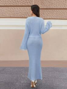 EURMUSE 女士纯色蕾丝细节抽绳 V 领套头衫和毛衣裙套装 - 淺藍色 - 查看 2