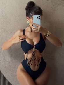 Swim SXY Springbreak Women Sexy Backless One-Piece Teardrop Pendant Chain Swimsuit, Summer Beach Vacation - Black - View 3