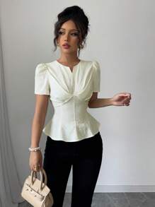 Elenzga 新品女式时尚 V 领褶皱胸口设计腰部收紧下摆褶皱短袖优雅衬衫 - 杏色 - 查看 4