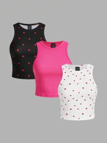 SHEIN Essnce Sommer 2025 Mode Trio: 3er Pack Damen Rippstrick Träger Tops mit Herzprint | Schlanke Passform Tanks in Schwarz/Pink/Weiß | Lässiges Sommer Essentials Bundle - Verschiedenfarbig - Übersicht 1