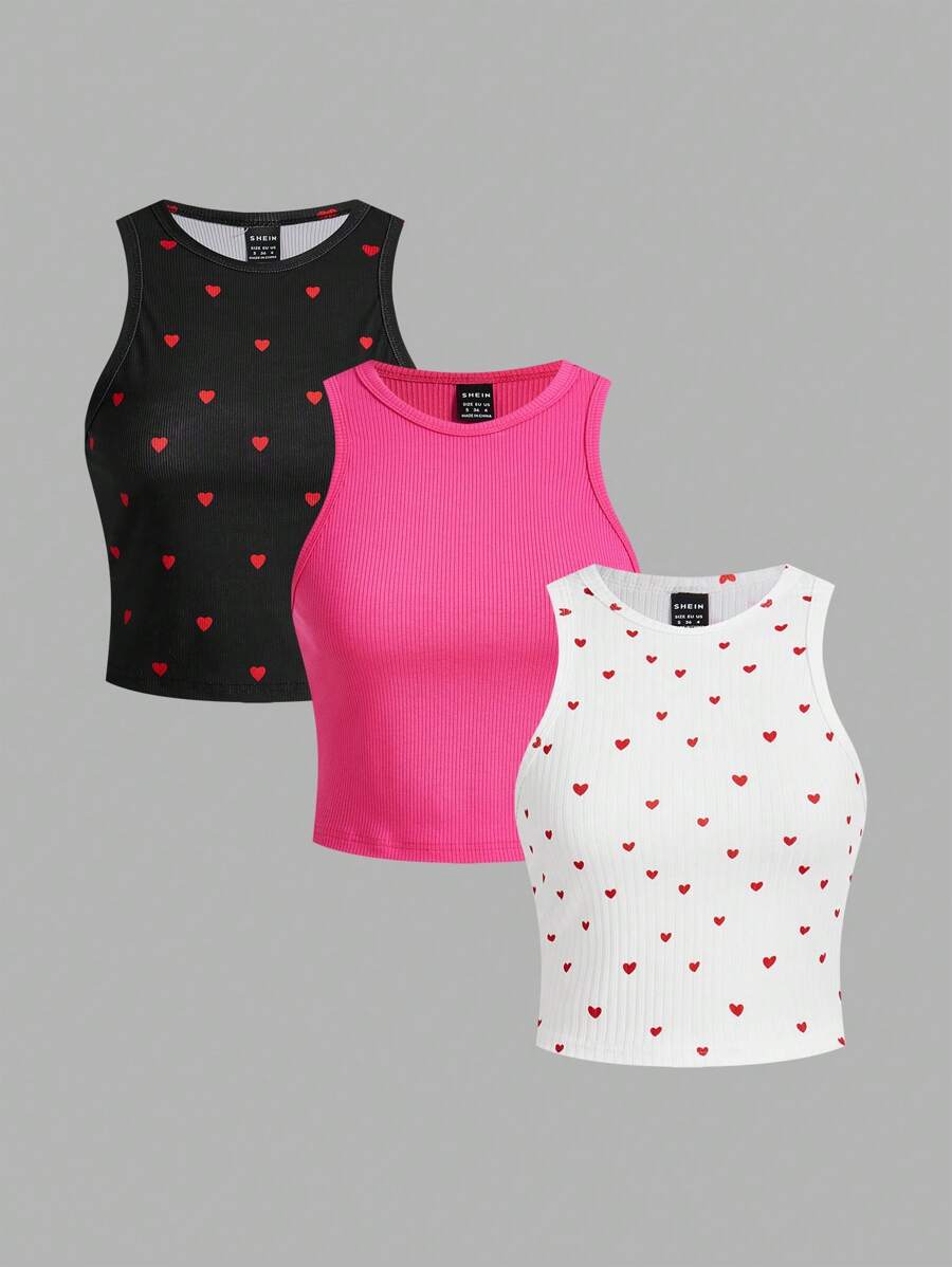 SHEIN Essnce 2025 年夏季时尚三件套:女式罗纹针织吊带背心 3 件装,全身心印有爱心图案 | 黑色/粉红色/白色流行修身背心 | 休闲夏季必备套装 - 彩色 - 查看 1