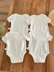 SHEIN 4pcs/Set Newborn Baby Girls' Casual Solid Pink & Purple Short Sleeve Bodysuits, Suitable For Summer - White - View 2