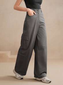 Anewsta 2025 Gray Zip Pocket Loose Relaxed Wide Leg Washed Utility Pants - Grey - View 6