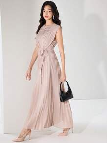 Heiryn 飘逸优雅的女士百褶连衣裙，通勤舒适 - 卡其色 - 查看 4