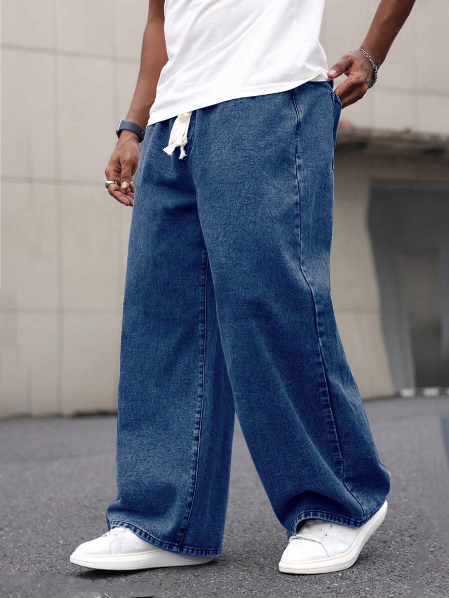 Manfinity Homme Plus Size Men's Light Grey Faded Snow Wash Loose Fit Wide Leg Jeans - Medium Wash - View 1