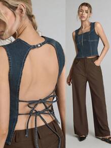 Easelle Women Square Neck Sleeveless Simple Fitted Denim Blouse, Casual Everyday Wear 2025 Summer Cowgirl Vintage - Blue - View 1