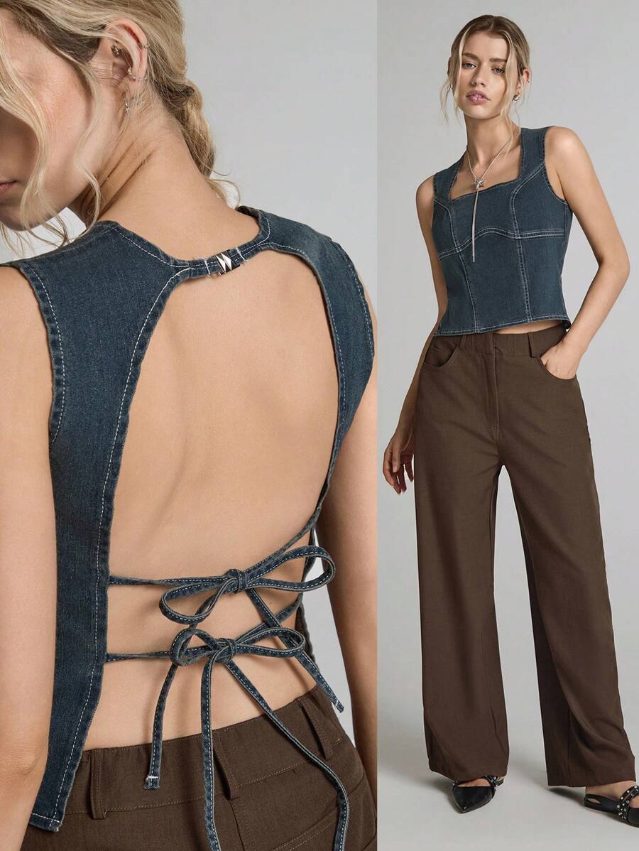 Easelle Women Square Neck Sleeveless Simple Fitted Denim Blouse, Casual Everyday Wear 2025 Summer Cowgirl Vintage - Blue - View 1
