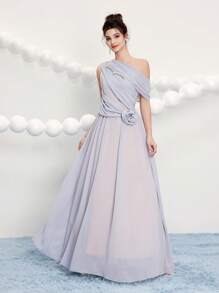 Poshira Abito da ballo da donna elegante di colore unito con scollo asimmetrico, decorazione floreale 3D, vestito da festa, vestito da invitata di matrimonio, vestito da ballo - Grigio - Visualizzare 1