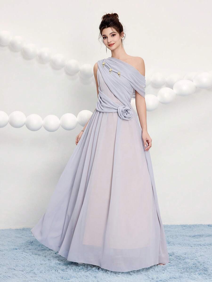Poshira Abito da ballo da donna elegante di colore unito con scollo asimmetrico, decorazione floreale 3D, vestito da festa, vestito da invitata di matrimonio, vestito da ballo - Grigio - Visualizzare 1