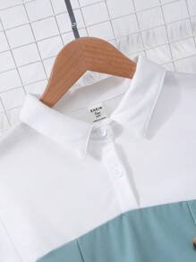 SHEIN 2 件/套青少年女孩面料拼布领带腰带双纽扣灯笼袖上衣和纯色长裤套装 - 綠色 - 查看 4