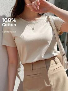 DAZY Solid Round Neck Tee - Khaki - View 10