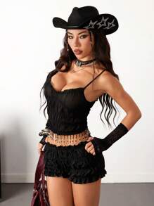 SHEIN EZwear 女士夏季 Y2K 街头服饰 狂野波西米亚风 女牛仔 乡村音乐会 拉斯维加斯服装 水钻流苏半透明水钻流苏背心和灯笼裤两件套服装 - 黑色 - 查看 4