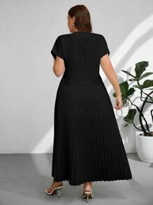 Firerie Plus Size Elegant Commuter Solid Color Batwing Sleeve Top And Pleated Skirt 2 Pieces Set