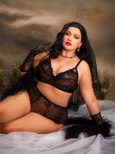 PinupPomp Retro Palace Style Lace Lingerie Bra & Panty Set With Underwire, Comfortable Stretch, Plus Size