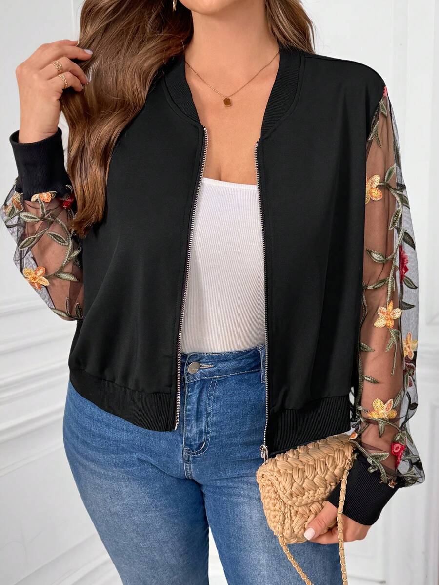 SHEIN Clasi Plus Size Women's Baseball Collar Patchwork Embroidered Mesh Sleeve Jacket - Black - View 1