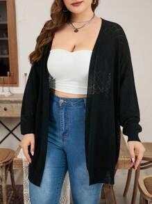 SHEIN Essnce Plus Size Women's Spring And Summer Fashion Casual Loose Comfortable Daily Black All-Match Hollow Sweater Thin Cardigan Sun Protection Jacket,Office Outfits For Women,Church Clothes Women,Summer Tops Women,Beach Outfits For Woman,Summer Coats,Minimalist In Fall/Winter - Black - View 4