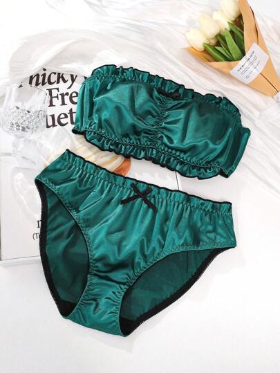 2 件装少女绿色可爱抹胸文胸和内裤套装，带荷叶边和蝴蝶结装饰