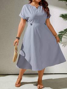 SHEIN LUNE Đầm tay cánh dơi cổ lỗ khóa sọc thường ngày cỡ lớn - Xanh và trắng - Xem 5