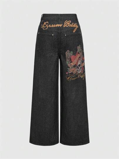 Grunge Punk Y2K Vintage Streetwear Heart Skull Wings Print Rhinestone Embellished Wide Leg Jeans