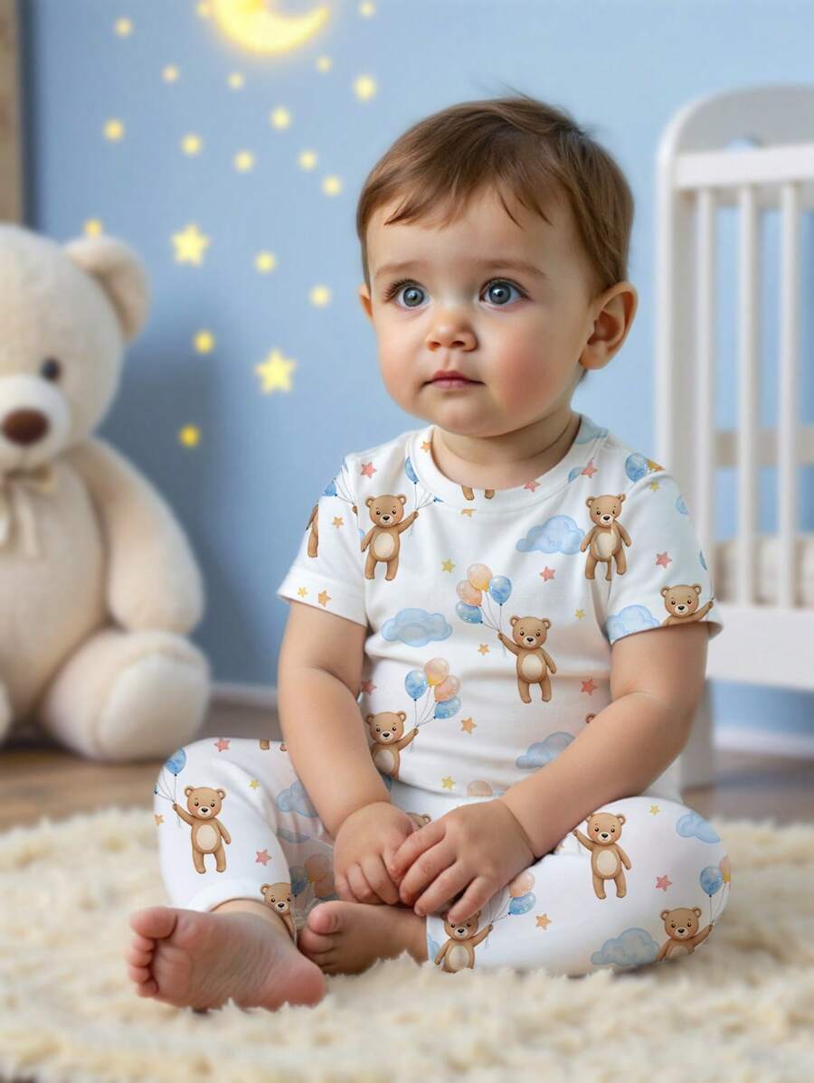 SHEIN Baby Boy Casual Cartoon Balloon & Teddy Bear Print Fitted Crew Neck Comfortable Short Sleeve Top And Pants Loungewear Set, Spring/Summer - Multicolor - View 1