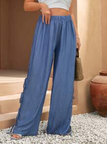 RueChic Plus Size Elegant Date-Night Bowknot Detail Hollow Pockets Solid Color Wide Leg Pants - Blue - View 3