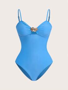 Swim Oasis 女士浪漫优雅水蓝色花朵金属扣扎染印花露背雪纺连体泳衣和裙子套装，适合春夏季 - 藍色 - 查看 5